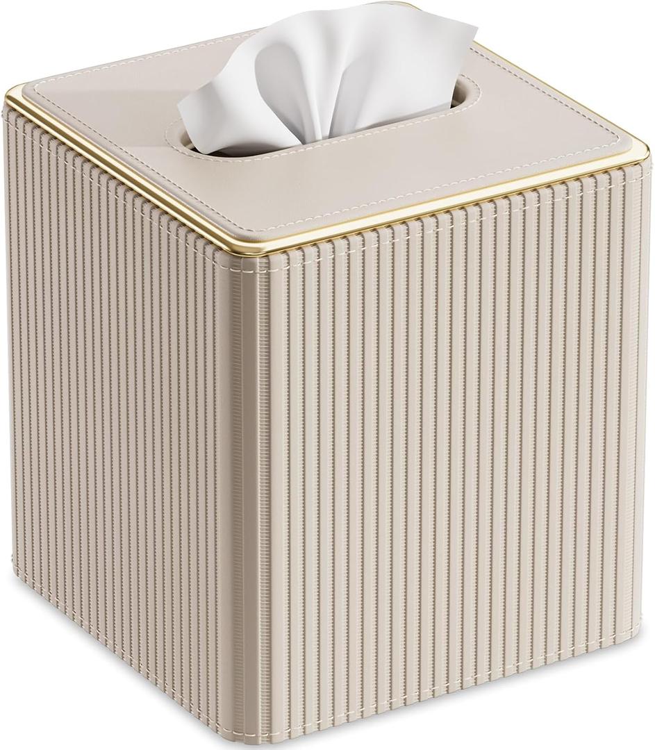 GORESE Tissue Box Cover Square for Kleenexs, PU Leather Tissue Box Holder with Gold-Tone Edging, Decorative Tissue Cover for Bathroom Livingroom Car, Modern Cube Tissue Holder, Beige