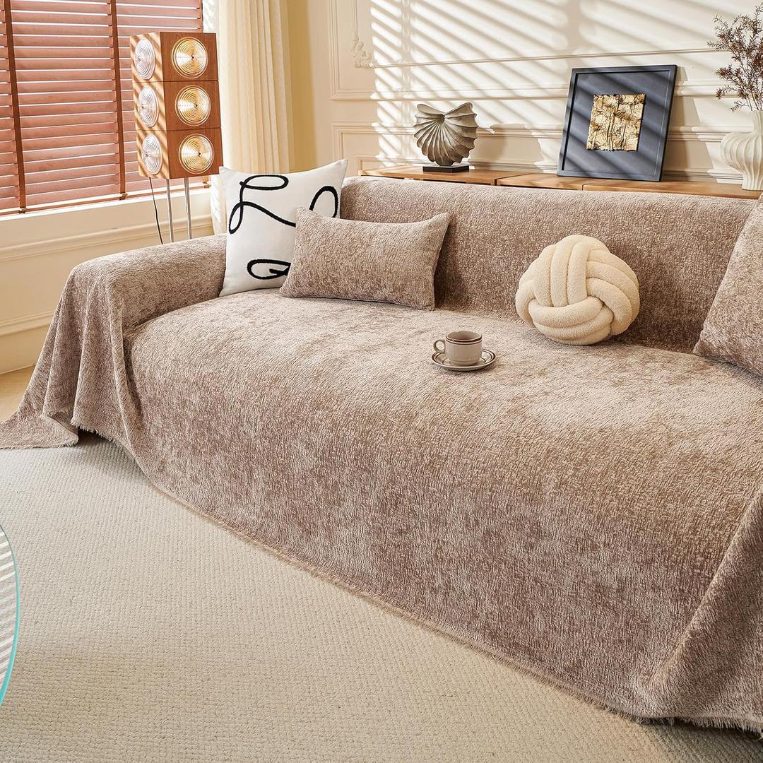 ROOMLIFE Boho Khaki Couch Cover for Dogs, Washable Non Slip Furniture Protector Couch Sofa Covers for 3 Cushion Couch, Soft Chenille Sofa Slipcovers Couch Cover Throw Blanket with Tassels 71''X118''