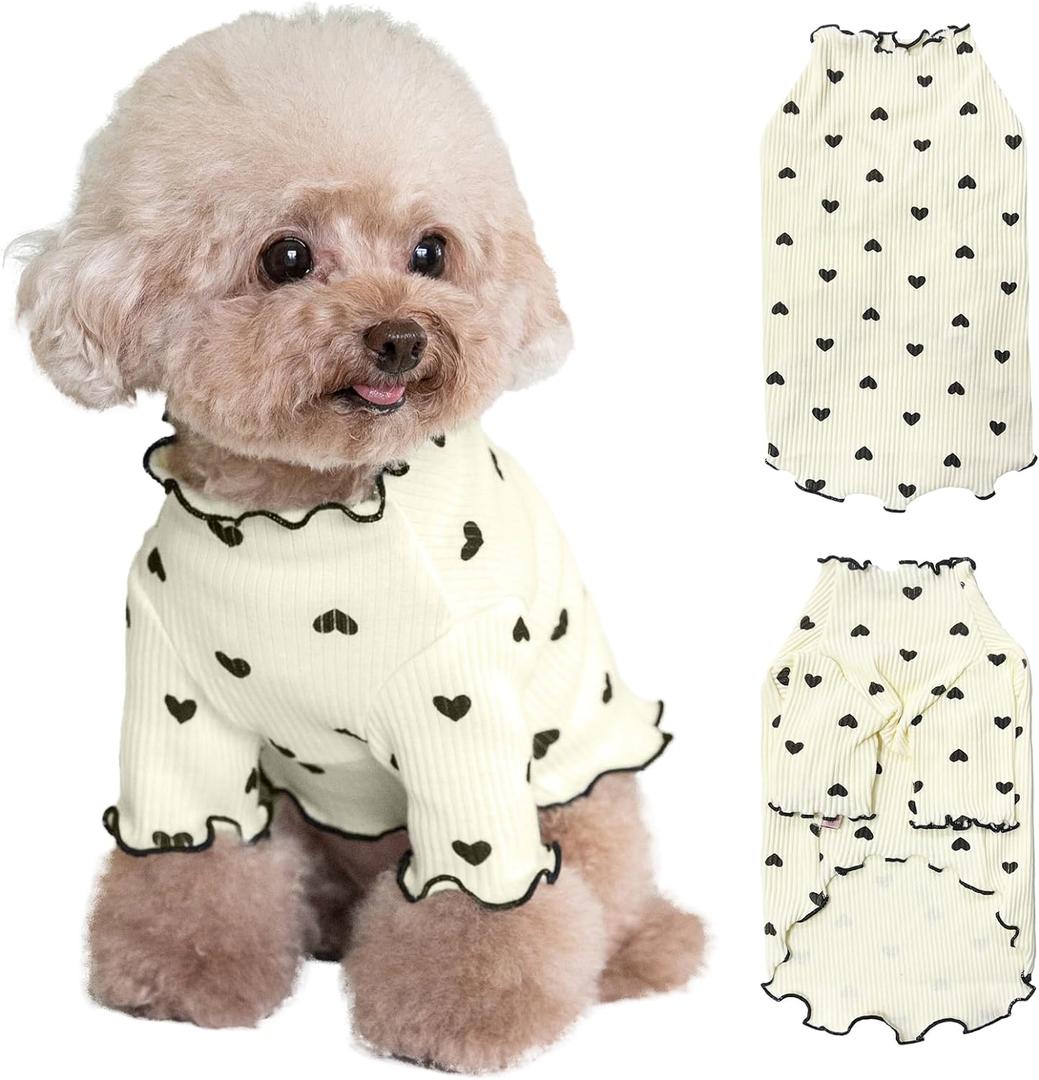 Pet Clothes for Small Dogs Cat Summer Fall Heart Print Shirt Stretchable Ruffle Long Sleeve Outfits for Chihuahua Schnauzer Shih Tzu Yorkie (Beige, Medium)