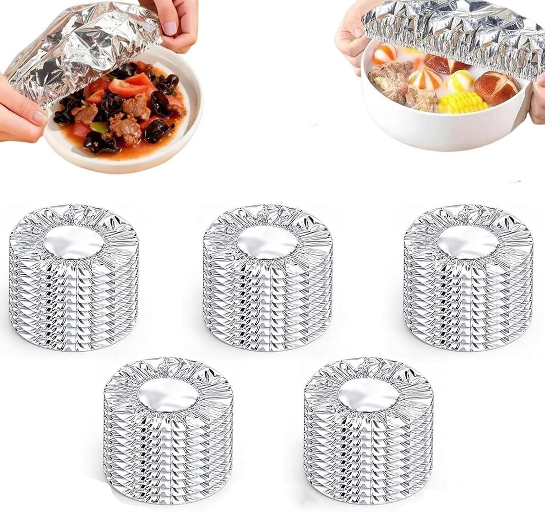 50PCS Reusable Aluminum Foil Food Covers,Aluminium Foil Elastic Food Bowl Storage Covers,Pop-Up Tin Foil Food Insulation Cover, Heat Shield Lids for Refrigerator Storage