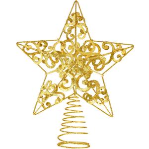 Blulu Christmas Star Tree Topper 10 Inch Glittered 3D Metal Star Treetop Topper Christmas Hollow Sequin Tree Decoration for Xmas Holiday Party Decoration Indoor(Gold)