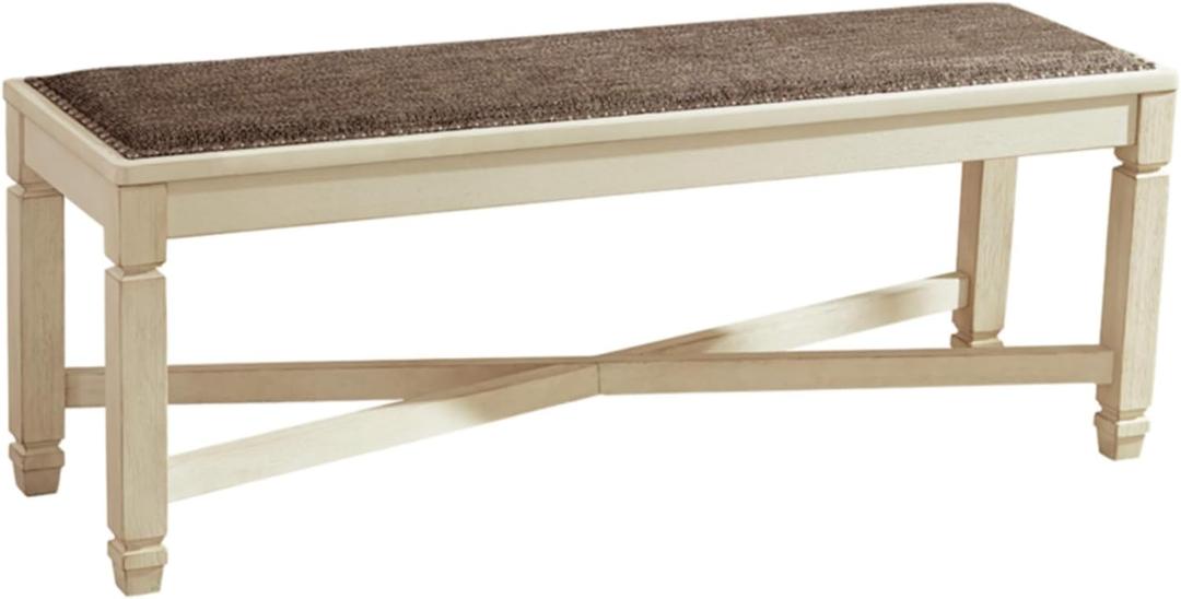 Signature Design by Ashley Bolanburg Casual French Country Upholstered Dining Room Bench with Nailhead Trim, Heavy Woven Fabric, Wood, Antique White & Tan