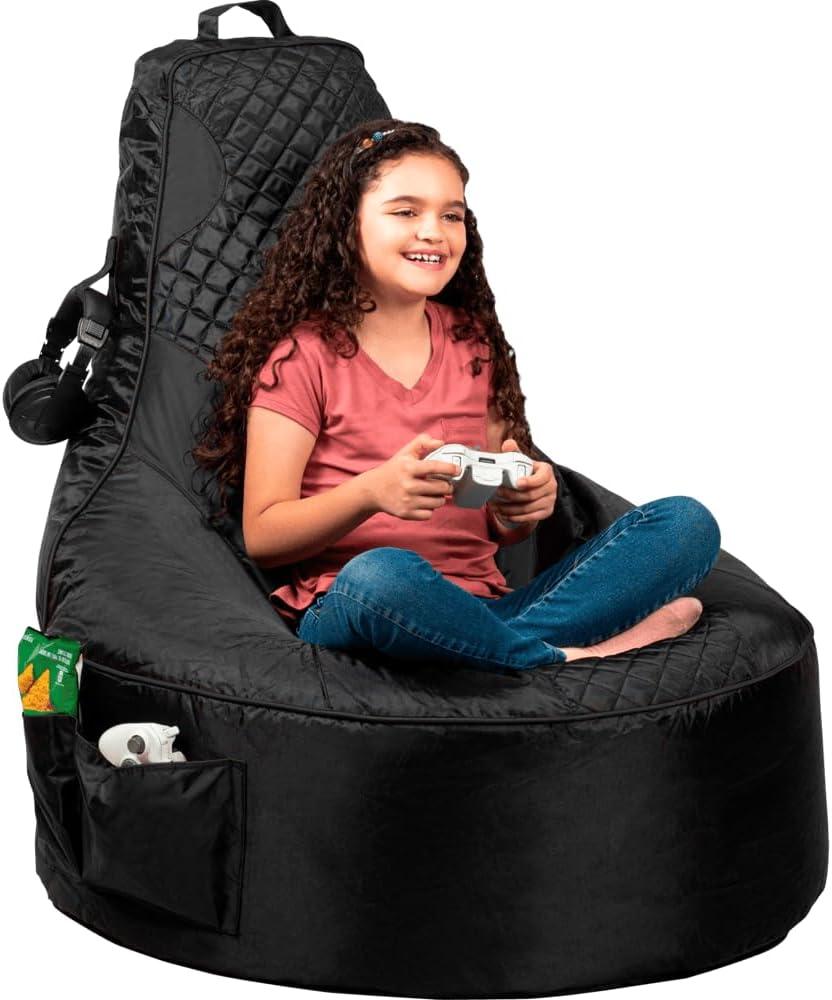 Throne Boss Gaming Bean Bag Chair for Kids [Cover ONLY No Filling] - High Back Beanbag for Boys, Girls, and Gamers with Cup Holder (Black/Black) (Child)