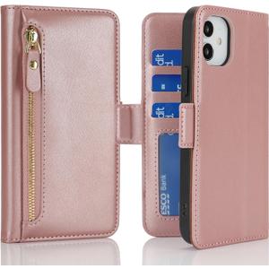 For iPhone 11 Phone case with Card Holder iPhone 11 case Wallet Zipper for Women Men PU Leather Flip Folio Credit Card Slots Stand Shockproof Phone Cover(6.1")-Rose Gold