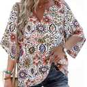 Womens Boho Tops 3/4 Sleeve V Neck Cotton Tunic Flowy Shirt – Casual Loose Fit Summer Bohemian Peasant Blouse, Size: L