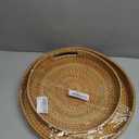 Round Rattan Serving Tray Set (2 Nesting Sizes) with Handles, 4 Coasters Included, Handwoven Boho Wicker Organizer for Coffee Table or Ottoman, 14.2 x 2.3 in and 11.9 x 1.7 in