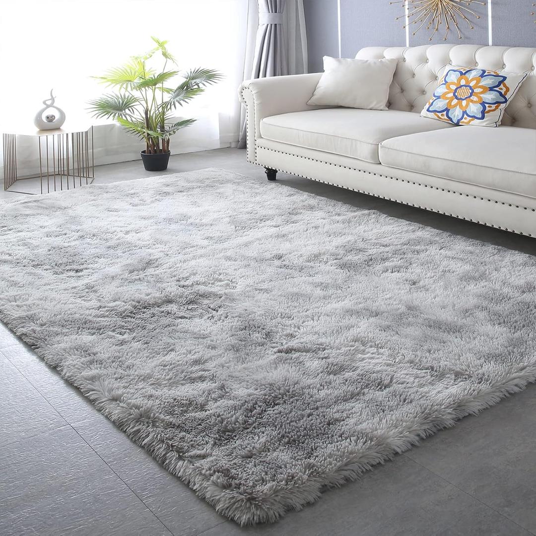 CAIYUECS Shag Area Rug for Living Room: Indoor Ultra Soft Plush Rugs for Bedroom Living Room - Non-Skid Modern Nursery Faux Fur Rugs for Kids Room Home Decor (Tie-Dyed Light Gray, 6x9 Feet)