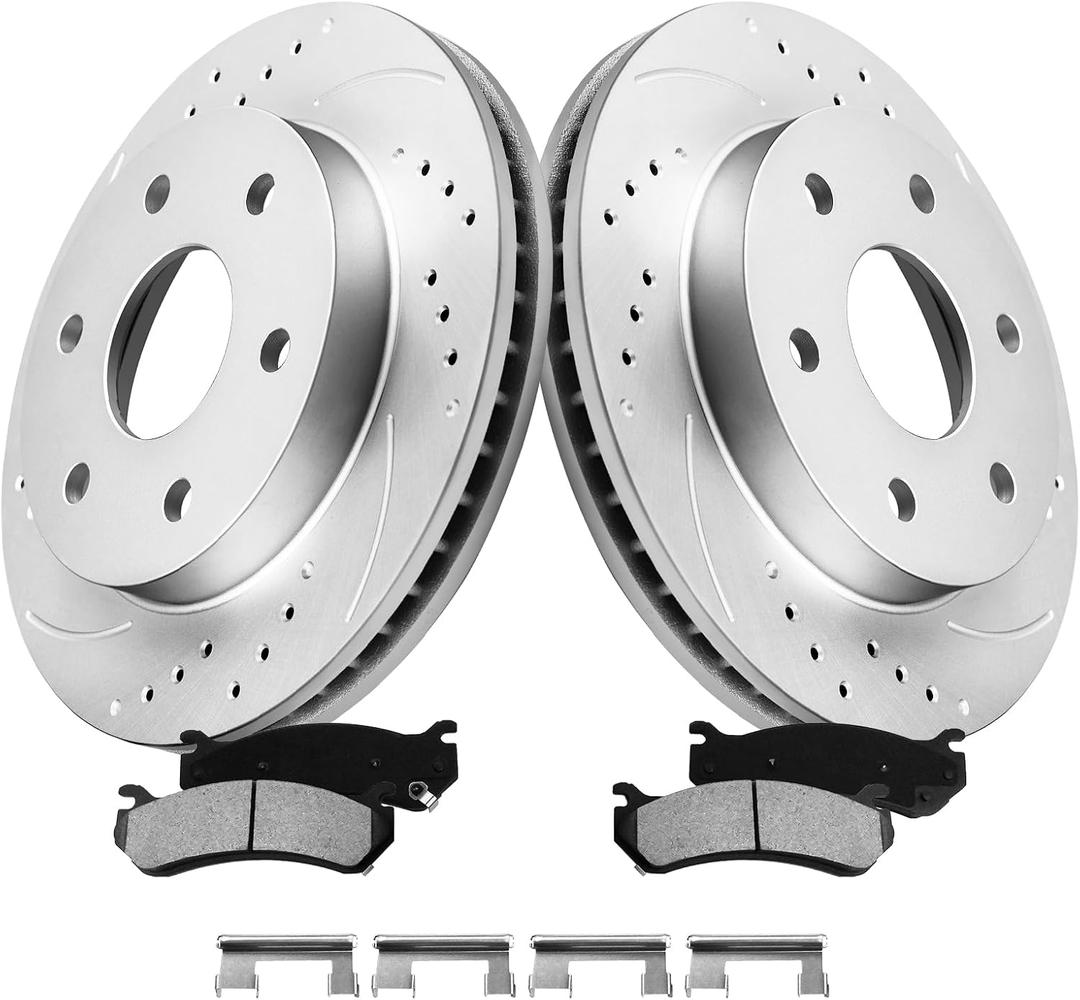 MOTOREVO Front Brake Pads and Rotors Kit Compatible with Silverado 1500 [ 1999-2006 ], High-Carbon Alloy Drilled & Slotted Discos de Frenos Delanteros [ 12in, App Specific ] [ Dual Piston; 6 Stud ]