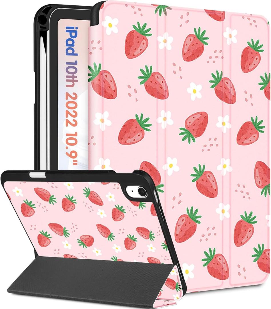 Wazzasoft for iPad A16 Case 2025 - for iPad 10th Generation Case Cute Women Girls Kids Girly Kawaii Strawberry Design Pencil Holder Auto Sleep/Wake Tablet Cover for Apple 11/10 10.9 Inch