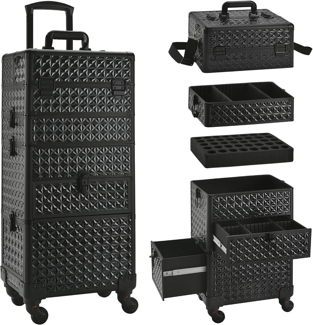 Makeup Train Case with Drawer, Rolling Makeup Case, Cosmetology Case on Wheels, Gift, Large Makeup Case Organizers, Professional for Salon Barber, Nail, Tattoo, Black