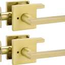 goldenwarm Gold Door Handles Interior, Zinc Alloy Heavy Duty Brushed Gold Interior Door Handles for Bedroom Bathroom, Modern Square Privacy Door Levers (2 Pack)