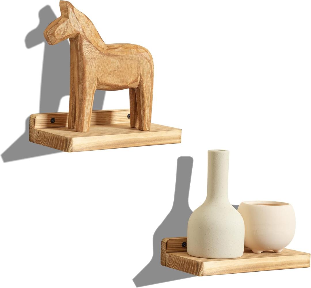 Freezing point Small Floating Shelf for Wall Set of 2 Natural Wood 8Inch Mini Wall Shelves Decor Plant Display Collectibles Mounted Kitchen Bathroom Bedroom Corner Decorative Storage Tiny Stand (8x4, Carbonized Black)