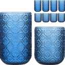 Set of 8 Vintage Embossed Glassware,4 Highball Glasses 14oz & 4 Rocks Drinking Glasses 9oz, Blue, Art Deco, for Water, Cocktail, Juice, Whiskey, Gift