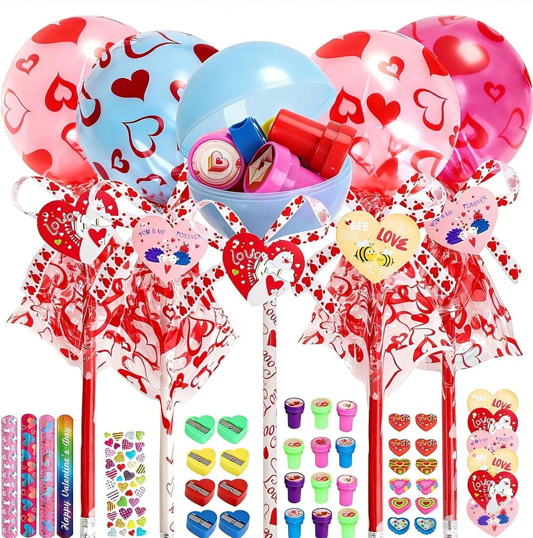 Valentines Day Gifts for Kids - 24 Pack Giant Lollipop Valentines Kit with Cards Slap Bracelets Pencils Stickers Erasers Stampers Sharpener for Classroom Exchange School Boys Girls Party Favors
