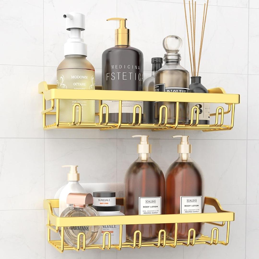 2 Pack Shower Caddy, Adhesive Shower Organizer for Bathroom Storage, Rustproof Stainless Steel Shower Shelves, No Drilling, Large Capacity Shower Rack Shelf for Inside Shower, Gold