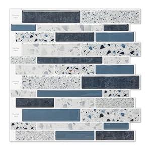 LONGKING Self-Adhesive Kitchen Backsplash, Marble Look Decorative Tiles (10 Tiles) (Blue)
