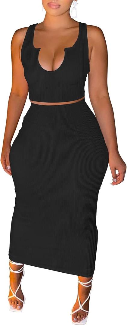 MOEENCN Sexy Bodycon Tank Dress for Women Summer Sleeveless Ribbed V Neck Basic Club Maxi Dresses, Black, Small