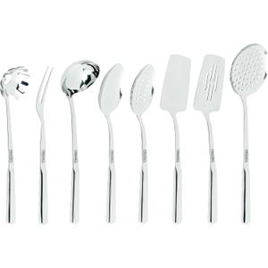Viking Kitchen Utensils Set, 8 Piece Stainless Steel Cooking Utensil Set, Includes Spatulas, Spoons, Pasta Fork, Deep Ladle, Meat Fork, and Skimmer, Silver