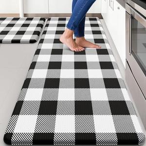 MAYHMYO Kitchen Mats 2PCS Cushioned Anti Fatigue Mat for Kitchen Floor Non Skid Waterproof Kitchen Rugs Black and White Farmhouse Buffalo Paid Comfort Standing Kitchen Mats for Floor 20"x47"+20"x32"