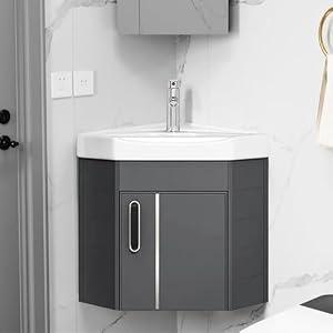 Hiliveshome 15 Inch Wall Mounted Triangular Corner Bathroom Vanity with Sink and Faucet, Floating Ceramic Basin Storage Cabinet for Small Bathroom, Space Aluminum, Gray