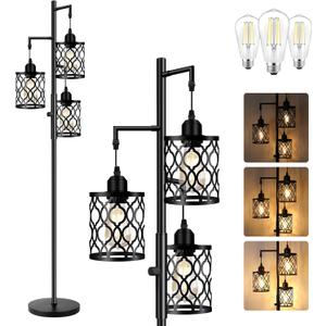 ROTTOGOON Dimmable Farmhouse Floor Lamp, Industrial Floor Lamp for Living Room with 3 X 6W LED Bulbs, 3 Light Rustic Standing Tall Lamp for Bedroom, Office, 68" (Black-68")