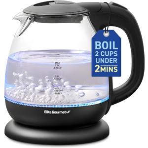 Elite Gourmet EKT1001 Electric 1.0L BPAFree 1100W Glass Kettle Cordless 360° Base, Stylish Blue LED Interior, Handy Auto ShutOff Function – Quickly Boil Water For Tea & More, Black