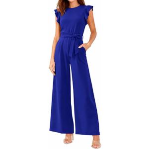 BTFBM Jumpsuits For Women 2026 Crew Neck Dressy Cap Sleeve Belted High Waist Wide Leg Romper One Piece Casual Outfits Pockets (XX-Large, Royal Blue)