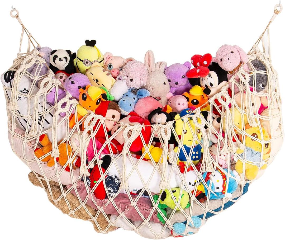 YKBU Stuffed Animal Net or Hammock Wall Hanging Net for Stuffed Animal Storage Macrame Toy Display Plush Toy Holder Soft Toy Organizer for Nursery Baby Bedroom Playroom-Cream (Large-60" W)