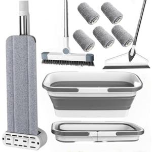 Microfiber Mop Bucket Set, Flat Mop with Bucket, Floor Brush & Glass Squeegee Included, Wet Dry Cleaning System with 6 Washable Pads (1 Mop+6 Microfiber Pads+1 Bucket+1 Floor Brush+1 Glass Wiper)