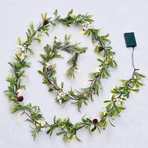6ft Snowy Olive Christmas Garland with Pine Berry,Battery Operated Garland with Timer,Pre-lit Garland for Christmas,Party,Indoor, Fireplace, Stairs Railing,Mantle Decor