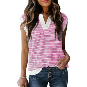 Dokotoo Women's Summer Short Cap Sleeve Sweaters Tops Casual Striped Color Block V Neck Polo Knit Shirts Blouses (Pink, XL)