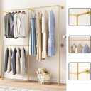DR.IRON Industrial Pipe Gold Clothing Racks with Double Bar, Industrial Pipe Clothes Racks Wall Mounted, Heavy Duty Gold Closet Rods for Hanging Clothes Organizer Storage