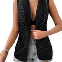MakeMeChic Women's Glitter Rhinestone Blazer Sleeveless Open Front Party Y2K Vests (Large, Black)