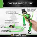 SMARTSTRAPS Retractable Ratchet Tie Down Straps (4 PK) 1,500lb Break Strength, 500lb Safe Work Load, Standard Duty, Secure and Haul ATVs, Lawn Tractors, Cargo, Boxes and Other Small Equipment (Green)