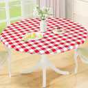 misaya Round Fitted Tablecloth with Elastic Edge, Buffalo Plaid Waterproof Vinyl Flannel Backed Table Cloth Cover Fits 31"-35" Round Tables for Dinner, Outdoor, Picnic, Red White Check