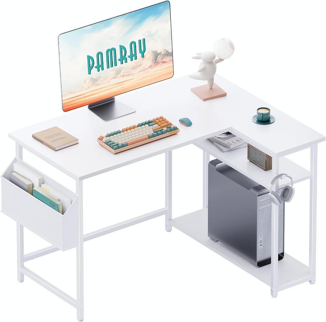 Pamray 40 Inch L Shaped Computer Desk with Reversible Side Storage Shelves, Small Corner Desk for Small Space Home Office, Writing Study Table PC Desk for Bedroom, White