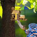 Large Wooden Squirrel Feeder with Umbrella - Tree Nut Bar, Peanut and Corn Chipmunk House Kit - Natural Wooden Garden Decorations and Squirrel Gifts (Carbonized Wood)