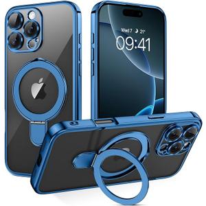 GUAGUA for iPhone 16 Pro Max Case with Stand, Magnetic Clear Cases Plating Edge Invisible Ring Holder Slim Shockproof Protective Kickstand Phone Case for iPhone 16 Pro Max 6.9''