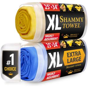 Premium XL Shammy Towel for Car - 2pk (34x25) - Super Absorbent Chamois Cloth - Spots & Scratch-Free - Reusable Car Drying Towels (2 Pack (25 x 34), Yellow and Blue)
