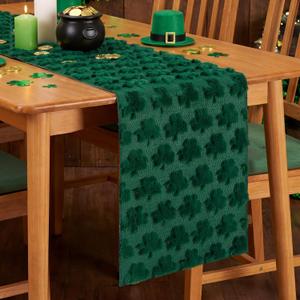 Moukeren St Patricks Day Table Runner 13 x 72 Inch Green Shamrock Table Runner Soft Plush Faux Fur 3D Jacquard Irish Festival Decor for Spring Kitchen Holiday Dining Home Party Seasonal