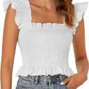 Rooscier Women's Summer Tops Square Neck Smocked Ruffle Cap Sleeve Peplum Blouse Casual Flowy Shirt for Women Plain White X-Large (White, XL)