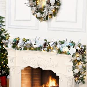 6 Ft Prelit Christmas Garland, Artificial Rattan Flower Snowflake Xmas Garland, Battery Operated Indoor Outdoor Lighted Christmas Garland Decorations for Holiday Garden Gate Stairs (White - Ribbon Bow)