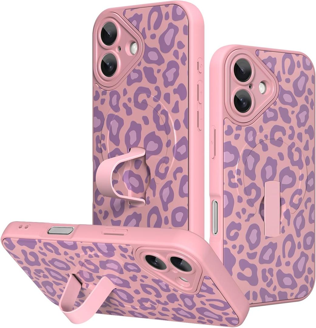 KANGHAR Compatible with iPhone 17 Case Pink Leopard Print Pattern Compatible with Magsafe Cute Cheetah Wristband Stand Phone Magnetic Cover for Women Girls Men Protective Cover