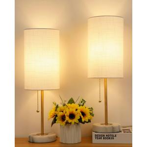 JUNNAI Table Lamps Set of 2, Gold Bedside Lamps, 3 Way Dimmable Nightstand Lamps with Marble Base & Linen Shade &Pull Chain,18.5 Inches Tall Skinny Desk Lamps for Bedroom Living Room(Bulbs Included)