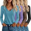 Neer 4 Pack Women's T-Shirts V Neck Long Sleeve Casual Tops Loose Fit Layering Shirts Straight Hem Plain Tees (M)