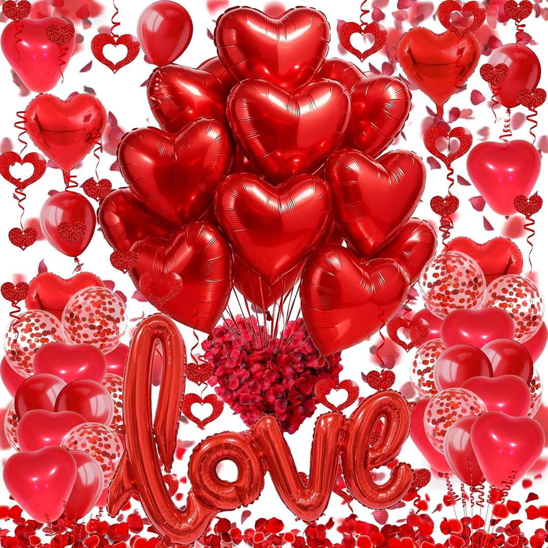 Fecedy Love and Heart-Shaped Aluminum Foil Balloon,Heart-Shaped and Round Latex balloons,Confetti Balloon,Fake Petals,Hanging Streamers for Valentines Bridal Shower Anniversary Engagement Decorations (Red 1)