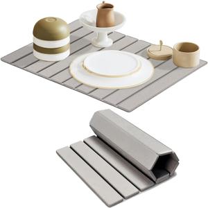 Large Stone Dish Drying Mat for Kitchen Counter, 24"(L)16"(W) Collapsible Kitchen Dish Drying Mat, Absorbent Quick Dry Diatomaceous Earth, for Dishes Bottles Cups, Match Any Countertop