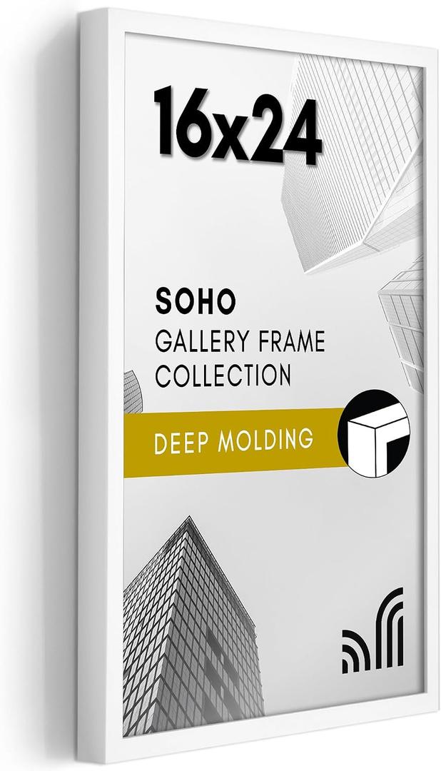 Americanflat 16x24 Poster Frame with Polished Plexiglass - Soho Collection - Gallery Style Deep Molding Picture Frames for Wall Display - White