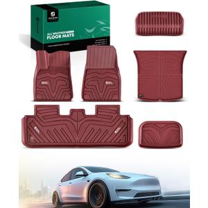 YHTAUTO for Tesla Model Y 2025 2024 2023 2022 2021 2020 Floor Mats & Cargo Liners, (5-Seat, NOT Fit Model Y Juniper), All Weather Car Mats, 1st & 2nd Row & Frunk Rear Trunk Mat, Set of 6, Red
