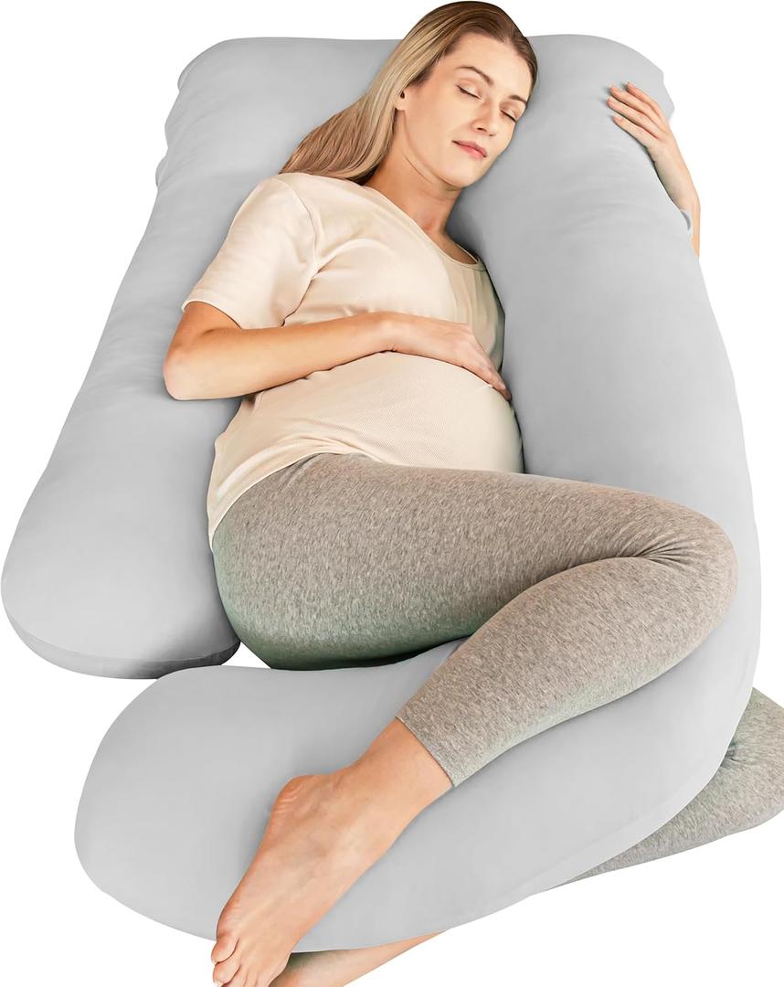 Cute Castle Cooling Cover Pregnancy Pillows, Soft U-Shape Maternity Pillow with Removable Cover - Full Body Pillows for Adults Sleeping - Pregnancy Must Haves - Jumbo 57 Inch - Light Grey